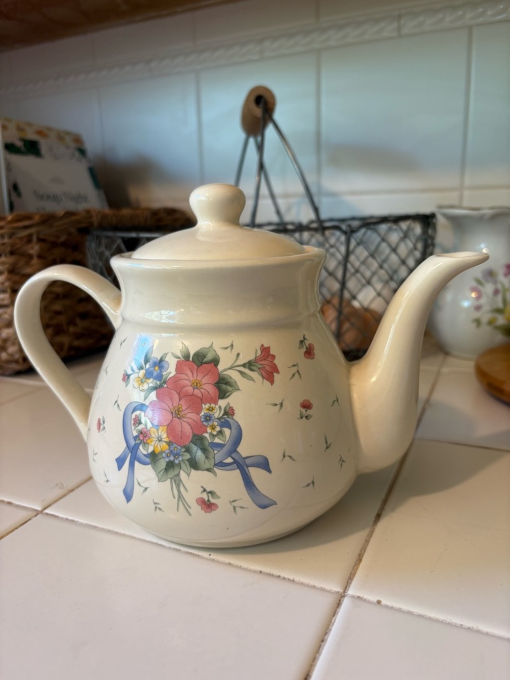 Cottagecore  Floral Ribbon Ceramic Teapot - Cream with Pink & Blue Flower
